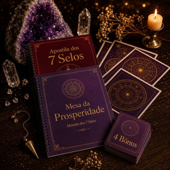 Mesa da Prosperidade: apostila dos 7 Selos, o gráfico radiônico impresso, os 4 bônus, um pêndulo e cristais sobre a mesa